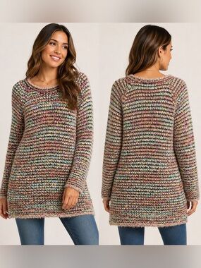 Apricot Multicolor Space-Dye Fuzzy Knit Tunic Sweater, Size US 10 (Large)